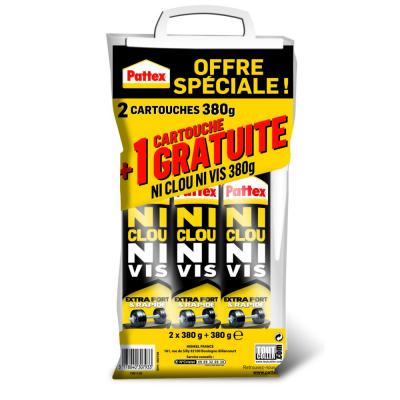 Pattex Ni Clou Ni Vis Chrono lot de 2 cartouches 380 g + 1 gratuite