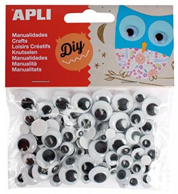 Sachet de 100 yeux adh&eacute;sifs ronds noir sans cil diam&egrave;tres assortis