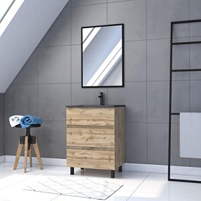 Pack Meuble SDB 60cm sur pieds 3 tiroirs CheneVasque noire + Miroir - TIMBER 60Pack13
