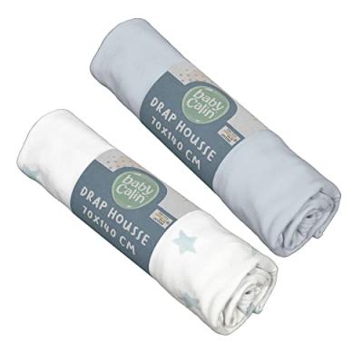 Lot de 2 draps housses en coton 70x140 cm Bleu ciel + Imprim&eacute; &eacute;toiles