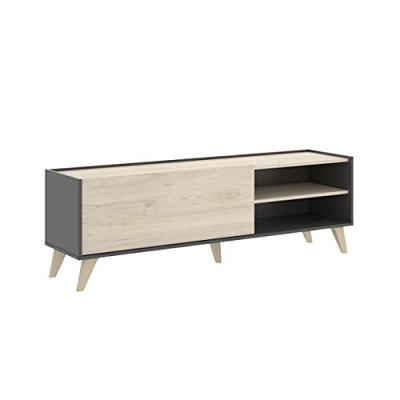 Meuble TV KOLYMA - 1 porte & 2 niches - Coloris : Ch&ecirc;ne & Anthracite