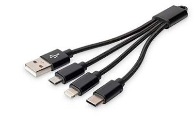 Digitus C&acirc;ble de charge 3 en 1, USB A - Lightning + Micro USB + USB-C
