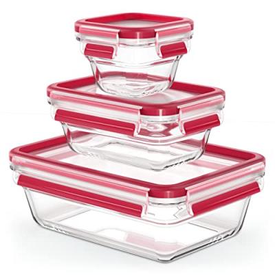 Set 3 bo&icirc;tes rectangulaires verre Clip & Close rouge 18+45+130 cl