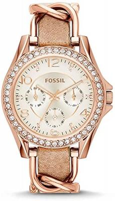 Femme Montre Riley Multifonction en Acier Inoxydable et en Cuir Dor&eacute; Rose et Ivoire, ES3466
