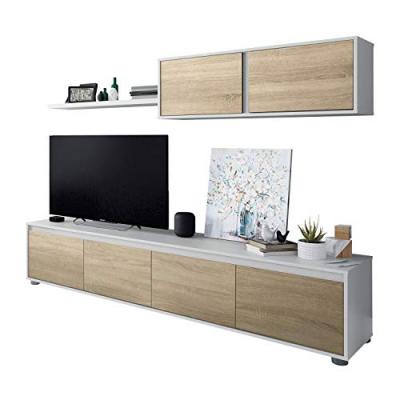 Meuble tv elodie 4 portes avec &eacute;tag&egrave;re murale l200cm - blanc / bois