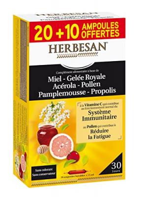 Herbesan Miel Gel&eacute;e Royale Ac&eacute;rola Propolis Pollen Extrait de Pepins de Pamplemousse 30 ampoules