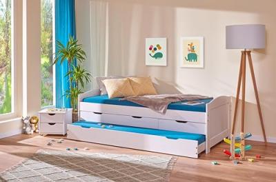 Lit gigogne 2 couchages 90x200 cm ULLI en pin massif blanc+ 3 tiroirs