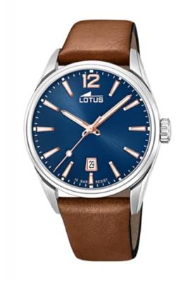 Montre Lotus L18693-2 - Dateur Bo&icirc;tier Acier Argent&eacute; Bracelet Cuir Marron Cadran Bleu Homme