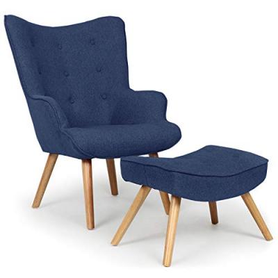 Fauteuil Scandinave + Pouf Tissu Bleu CARQUIN