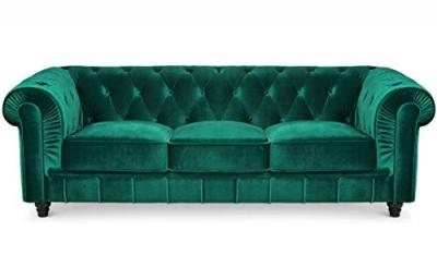 Grand Canap&eacute; Chesterfield 3 places Velours Vert ANGOL