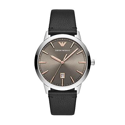 Montre Emporio Armani &agrave; trois aiguilles, en cuir, noir