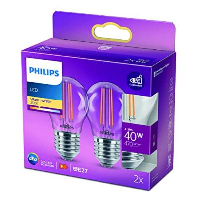 Philips ampoule LED E27 P45 4,3&nbsp;W fil 2&nbsp;700&nbsp;K x2