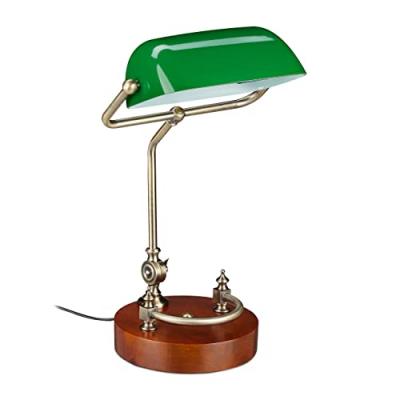 Lampe de banquier, abat-jour en verre inclinable, pied en bois, bureau e27, r&eacute;tro, vert-marron