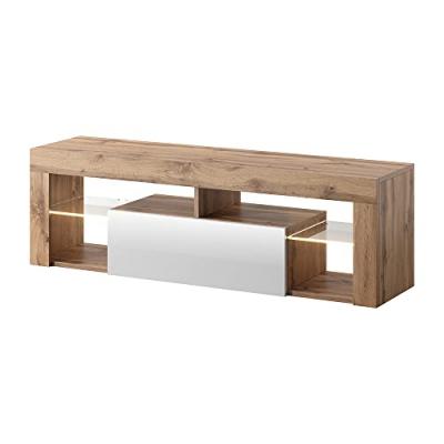 Meuble tv / banc tv - Bianko - 140 cm - ch&ecirc;ne lancaster / blanc brillant - avec led