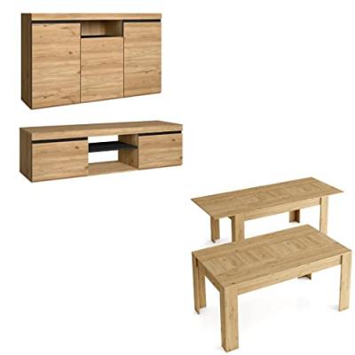 Ensemble Natural, Salon, Salle &agrave; manger, buffet-meuble tv 140cm-table extensible ch&ecirc;ne-noir