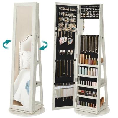 Armoire &agrave; bijoux pivotante avec miroir et &eacute;tag&egrave;res - H160 cm - Blanc