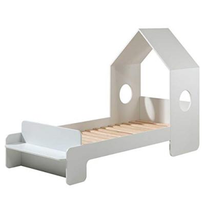 Lit maison 90x200 cm avec banc bois laqu&eacute; blanc Camila
