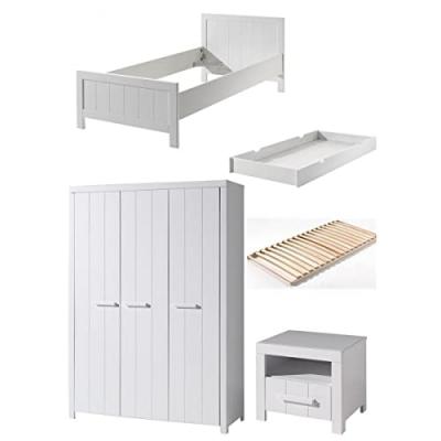 ERIK Lit simple + sommier + chevet + armoire 3 portes + Lit gigogne