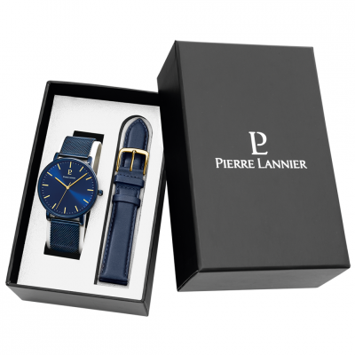 Pierre Lannier Coffret Montre Essential Cadran Bleu Bracelet Cuir Bleu