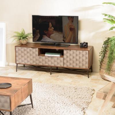 Meuble TV en bois de manguier 2 portes 1 tiroir motifs ethniques