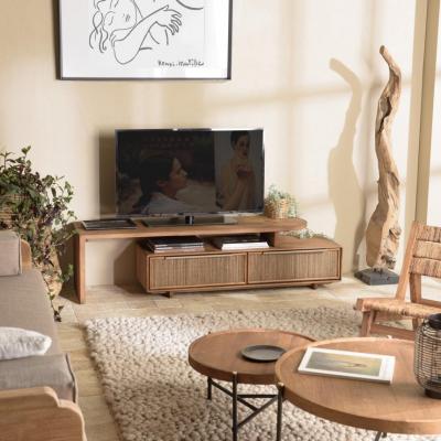 MACABANE Meuble TV modulable 140x40cm 2 tiroirs en bois teck recycl&eacute;