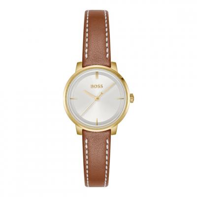 Boss Montre &agrave; cadran blanc argent&eacute; et bracelet en cuir Marron pcs. Women