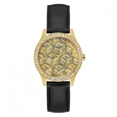 Guess G Gloss Montre Femme Acier Dor&eacute; Cuir Noir GW0608L2