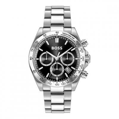 Boss Montre chronographe &agrave; cadran noir et bracelet en acier Couleur argent&eacute;e pcs. Men