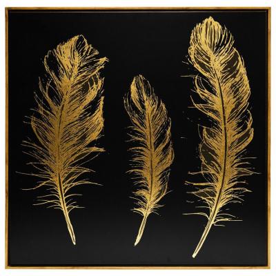 Toile peinte avec plumes dor&eacute;es et cadre effet bois 78 x 78 cm