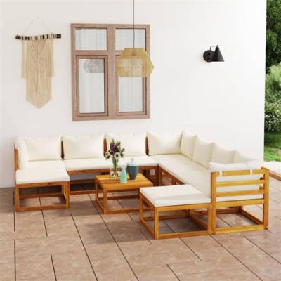 Salon de jardin 11 pcs avec coussin cr&egrave;me bois d'acacia massif