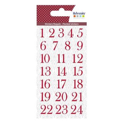 Autocollants chiffres floqu&eacute;s rouges pour calendrier de l'Avent
