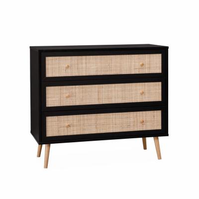 Commode en d&eacute;cor bois noir et cannage 90x39x79cm - Boh&egrave;me - 3 tiroirs