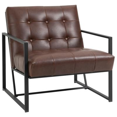 Fauteuil lounge Chesterfield capitonn&eacute; m&eacute;tal noir PU chocolat