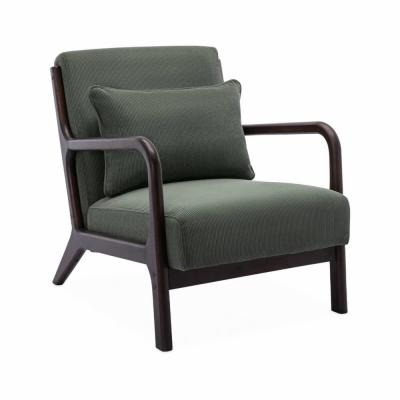Fauteuil velours c&ocirc;tel&eacute; vert pieds bois d'h&eacute;v&eacute;a sweeek