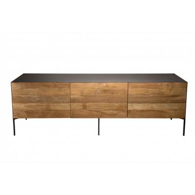 Meuble TV portes tiroir en teck recycl&eacute; pieds m&eacute;tal gris anthracite