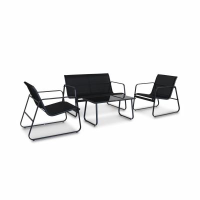 Salon de jardin 4 personnes en m&eacute;tal et textil&egrave;ne gris fonc&eacute; et noir