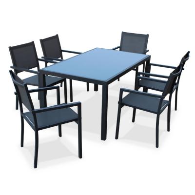 Salon de jardin aluminium table 150cm, 6 fauteuils en textil&egrave;ne