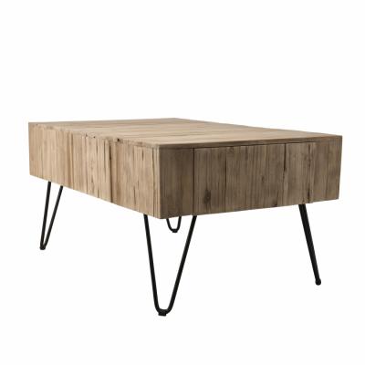 Table basse 2 tiroirs plateau en teck pieds &eacute;pingles m&eacute;tal L90