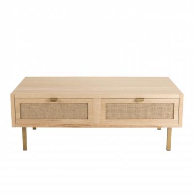 Table Basse ALINE 2 Tiroirs Toile De Jute Pieds M&eacute;tal Dor&eacute;