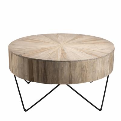 Table basse ronde nature plateau en teck pieds &eacute;pingles m&eacute;tal noir D90