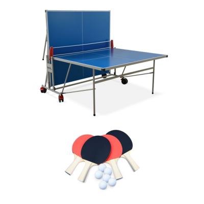 Table de ping pong outdoor bleue, avec 4 raquettes et 6 balles, pour