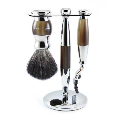 Ensemble Rasage 3 Pi&egrave;ces - Blaireau + Rasoir + Support 2 en 1 - Imitation &Eacute;b&egrave;ne et Chrome