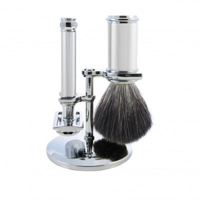 Ensemble Rasage 3 Pi&egrave;ces - Blaireau + Rasoire de S&eacute;curit&eacute; + Support - Chrom&eacute;
