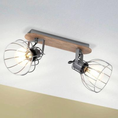 Barre 2 spots E27 Sambatello - Acier gris et bois - 40W