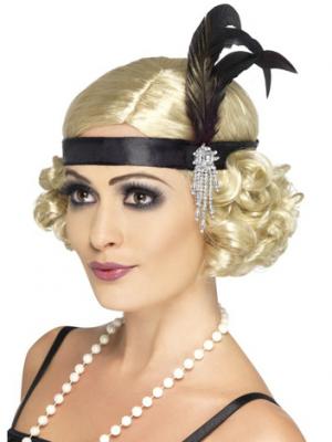 Smiffys Bandeau charleston en satin noir, avec plume et d&eacute;tails bijoux