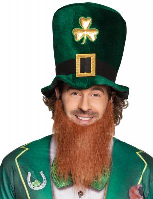 Chapeau haut de forme tr&egrave;fle dor&eacute; adulte avec barbe Saint Patrick