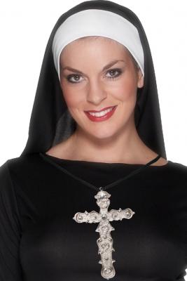 Smiffys Pendentif croix orn&eacute;e, argent, avec fil noir