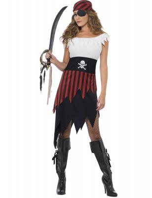 Smiffys Costume de jeune fille pirate, avec robe et bandeau - Noir/Blanc/Rouge - Taille M