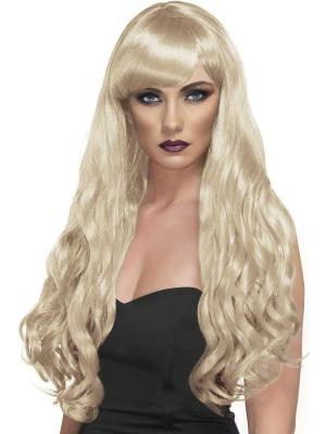 Smiffys Perruque d&eacute;sir blonde, cheveux longs, boucl&eacute;s avec frange