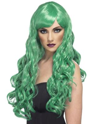 Smiffys Perruque d&eacute;sir verte, cheveux longs, boucl&eacute;s avec frange